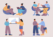 Office workers business men and women characters work on laptops, communicate, analysing data chart, shaking hands. Clerks, professional corporate employees, Line art flat vector illustration, set