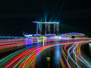 Wall Mural - City view at Singapore central area at night with light trails.