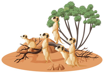 Poster - Isolated desert forest with meerkat group