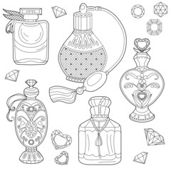 Wall Mural - Different sorts of perfume. Monochrome bottles with fragrance isolated on white background. Coloring book style for children and adults