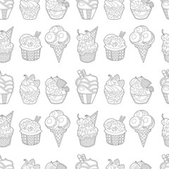 Wall Mural - Seamless background with monochrome ice cream cones. Endless texture with different sweet deserts