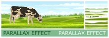 Countryside Landscape With Vegetable Gardens And Pastures With A Grazing Goldstein Cow. Solid Layers For Folding The Picture With A Parallax Effect. Vector
