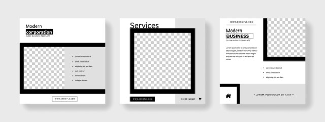 Wall Mural - Set of monochrome editable social media post templates with black and white contrast accent. Modern clean business banner graphics for online advert or facebook and instagram, lined square elements	
