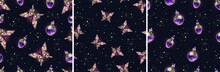 Set Of Seamless Patterns With Butterflies And Stars. Vector Graphics. Contemporary Composition. Trendy Texture For Print, Textile, Packaging.