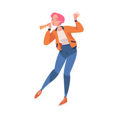 Poster - Woman Blowing Whistle Celebrating Birthday Holiday Vector Illustration