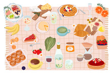 Spring Picnic Scene With Tasty Food And Drinks, Cheese Plate, Berry Pie, Waffles, Berries And Fruit, Croissant, Lemonade, Matcha Tea And Coffee. Healthy And Wholesome Food In The Fresh Air. Vector.