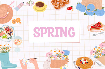 Spring picnic scene with tasty food and drinks, fruits, basket with flowers, straw hat, rubber boot, easter elements. Healthy and wholesome food in the fresh air. Editable Vector Illustration.