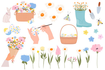 Spring collection for creating invitations and greeting cards. Meadow flowers, Easter decor, eggs, rabbit, basket, decorative elements. Editable Vector Illustration.