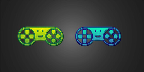 Green and blue Game controller or joystick for game console icon isolated on black background. Vector