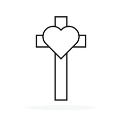 Wall Mural - Christian cross with heart icon. Black religion icon. Church symbol. Vector illustration