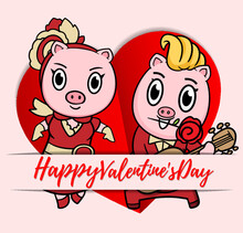 Valentine Piglet Cute Cartoon, Hand Drawn Illustration Pig For Valentine Day ,Pink Pig Lover Vector For Valentine Day ,Pig Character Design For Valentine Card.