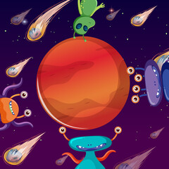 Wall Mural - Aliens in outer space with Mars planet in cartoon style