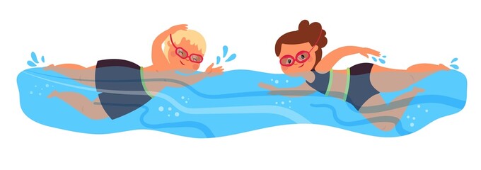 Sticker - Swimming children. Swim in pool, child water competitions. Boy girl play in water, happy summer beach vacation. Cartoon kids in sea, decent vector concept