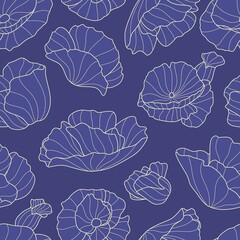 Sticker - Abstract line lotos seamless pattern. Blue flowers, indigo floral plants. Textile or fabric, decorative print for wrapping and wallpaper. Vintage vector background design