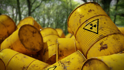 Wall Mural - radioactive waste in barrels, nuclear waste repository in a forest