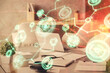 © peshkova - Double exposure of social network theme drawing and office interior background. Concept of web.