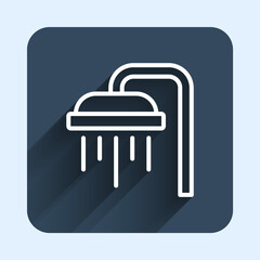 Wall Mural - White line Shower head with water drops flowing icon isolated with long shadow background. Blue square button. Vector