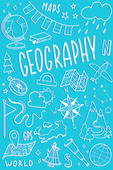Wall Mural - Geography cover template. School subject icon set design. Education outline doodle sketch. Study, science concept. Back to school background for notebook, sketchbook or not pad. Vector illustration.