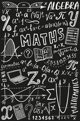 Wall Mural - Algebra or mathematics subject doodle design. Maths symbols icon set. Education and study cover template. Back to school sketchy background for notebook, not pad, sketchbook. Hand drawn illustration.