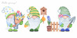 Cartoon garden gnomes with a shovel, spring flowers and a birdhouse on a white background. Watercolor illustration.