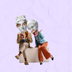 Modern design, contemporary art collage. Stylish couple headed with ancient statue heads reading magazine on light background