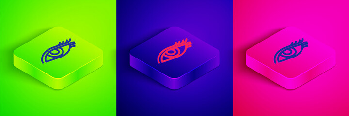 Sticker - Isometric line Beautiful woman eye icon isolated on green, blue and pink background. Square button. Vector