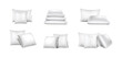 3d realistic vector icon set. Colllection of white pillows in stack in different orientation. Mock up icon.