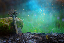 An Ancient Key On The Stone With Moss In The Forest