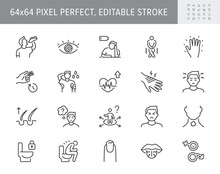 Diabetes Symptoms Line Icons. Vector Illustration Include Icon - Sexual Loss, Diarrhea, Disorientation, Depression Outline Pictogram For Endocrinology Problems. 64x64 Pixel Perfect, Editable Stroke
