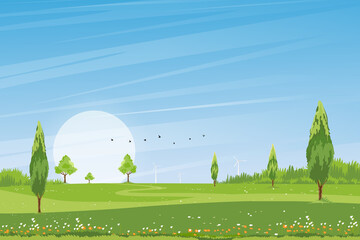 Spring time,Sunny day Summer landscape in village with green field,cloud and blue sky background.Rural countryside with mountain,grassland,sunlight in Morning,Vector Nature scenery cartoon background