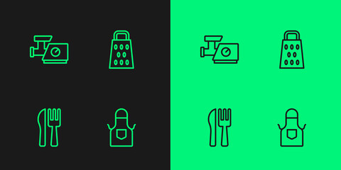 Set line Kitchen apron, Crossed knife and fork, meat grinder and Grater icon. Vector