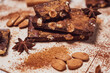 zerbrochene Tafel Schokolade mit Nüssen und mandeln