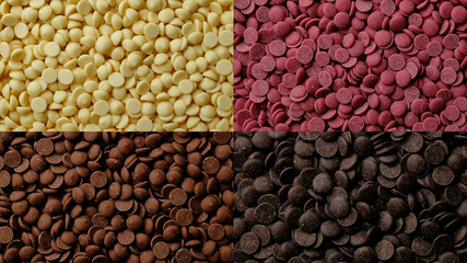Wall Mural - Different types of chocolate. White, ruby, milk, dark chocolate chips