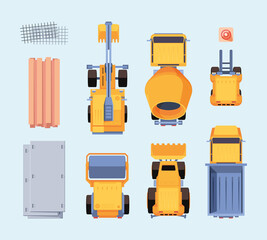 Wall Mural - Construction vehicles top view. Production yellow cars for builders maintenance workers transport excavator big trucks heavy machines garish vector templates