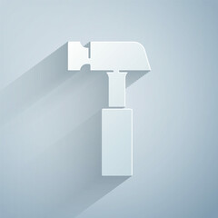 Poster - Paper cut Hammer icon isolated on grey background. Tool for repair. Paper art style. Vector