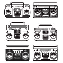 Wall Mural - Set of illustrations of boombox in monochrome style. Design element for logo, label, sign, emblem. Vector illustration