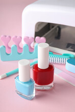 Concept Of Nail Care With Manicure Accessories On Pink Background