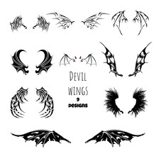 Devil Wings Tattoo. Demon Isolated Stencil. Black Gothic Drawing. Dark Angel Sign. Vampire Design Icon