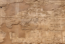 Relief Details And Egyptian Hieroglyphs At Karnak Temple Complex In Luxor