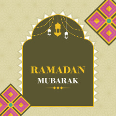 Sticker - Ramadan Mubarak Poster Design With Hanging Lanterns On Green Islamic Pattern Background.