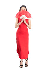 Poster - Asian Chinese woman in a cheongsam dress holding fan