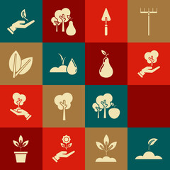 Canvas Print - Set Sprout, Watering can with water, Tree hand of environmental protection, Garden trowel spade or shovel, sprout, Leafs, and Pear icon. Vector