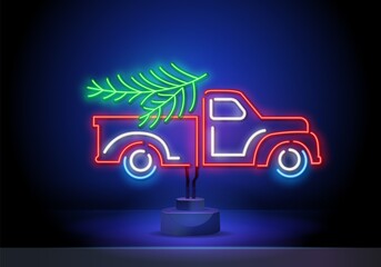 Wall Mural - Christmas tree in truck neon sign. Fir, tree, New Year. Night bright advertisement. Vector illustration in neon style for banner, billboard