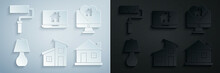 Set House, Monitor With House In Heart Shape, Table Lamp, Laptop And Smart Home And Paint Roller Brush Icon. Vector