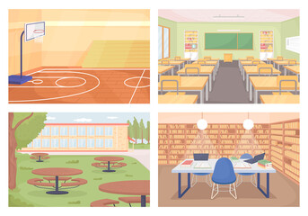 Wall Mural - High school flat color vector illustration set. Basketball court. Gymnasium space. Classroom with desks. Empty class rooms 2D cartoon interior with furniture on background collection