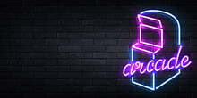 Vector Realistic Isolated Neon Sign Of Arcade Logo For Decoration And Covering On The Wall Background.