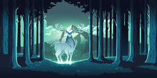 Magic Background Deer Forest Night Mystical Stag Majestic Magical Wood Moonlight Glowing Eye Body Soul Totem Spirit Nature Protector Totemic Animal Tree Mountain Landscape Reindeer Cartoon 