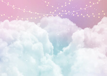 Sky Background With Sugar Cotton Candy Clouds And Stars
