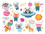 Fototapeta Pokój dzieciecy - Space animals set. Panda astronaut in spaceship, cartoon animal. Dog, fox tiger in suit, crocodile in rocket explorer universe. Adventure neoteric vector set