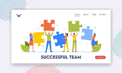 Wall Mural - Successful Team Landing Page Template. Businesspeople Teamwork, Collective Partnership. Office People with Puzzles